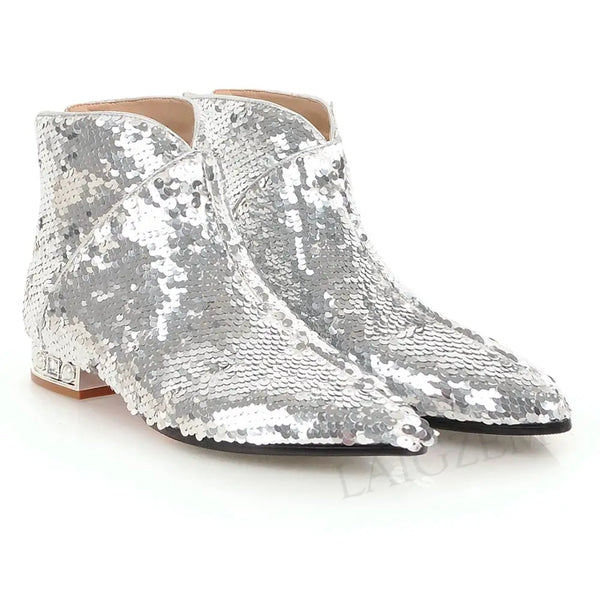 Sequined Glitter Low Chunky Heels Short Booties Ladies Spring Summer Botines