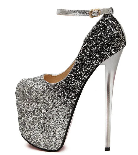 Bling sequins Stiletto 19cm thin High-Heeled platforms Buckle shoes woman wedding pumps