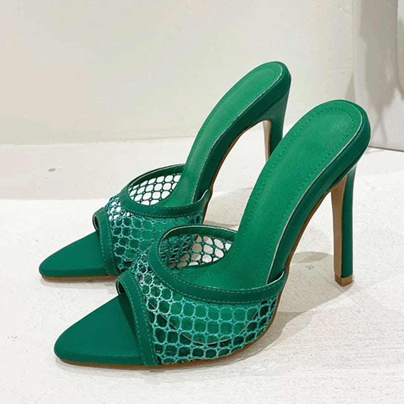 New Sexy Pointed Toe Thin High Heels Pumps Green Mesh Slippers