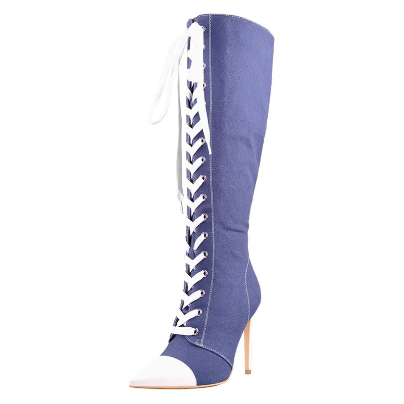 Pointed-toe Lace Up Canvas Boots 10CM Thin High Heel Side Zipper Blue Long Boots