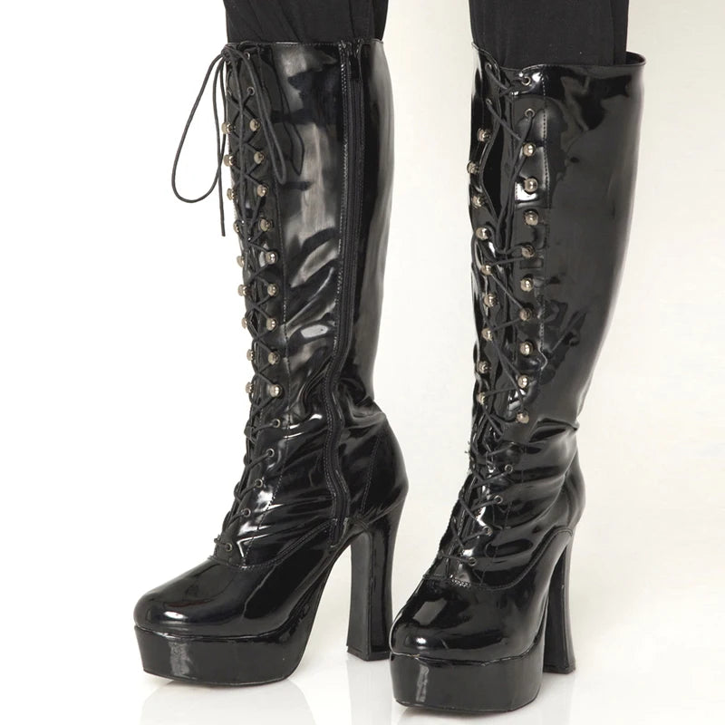 12CM High Heel Boots Women Knee-High PU Leather Platform Round Toe Cross-tied Thick Heel Boots