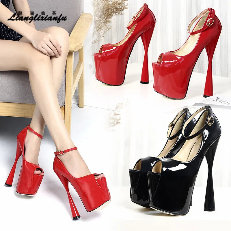 Sandals Ankle Strap Stilettos Peep Toe 19cm Thick High Heels Platform Sexy Shoes Woman