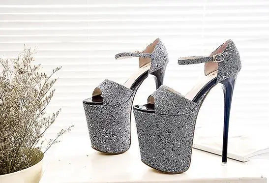 Stiletto Bling Sandals 20cm Thin high heels Sequins Nightclub show platform shoes woman