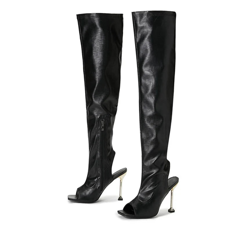 Spring Autumn Sexy Zip Metal Thin Heels Open Toe Leather Thigh High Over The Knee Boots