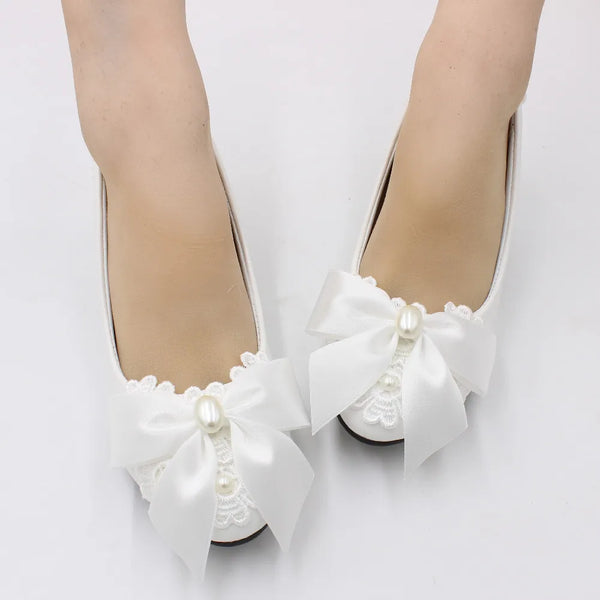 New bowknot women's shoes white bridal shoes low heel