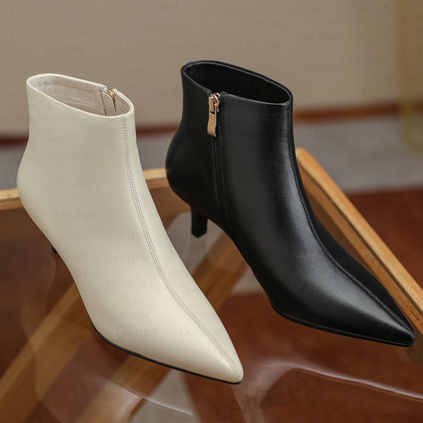 Women Ankle Boots Real Leather Side Zip 5CM Heels Booties