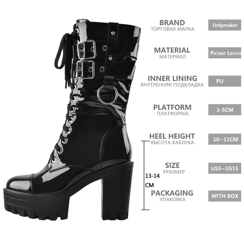 Black Platform Punk Boots Patent Leather Lace Up Mid Calf Chunky High Heels