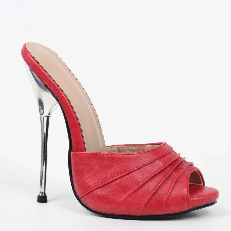 Women High Heel slippers Metal Thin Heels Pleated Peep-toe Female Sexy  Pumps Shoes