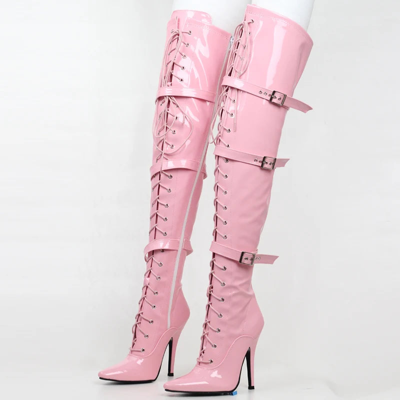 Women Sexy PU Leather 12CM Super High Heel Pointed toe Over-the-Knee Thigh Long Boots