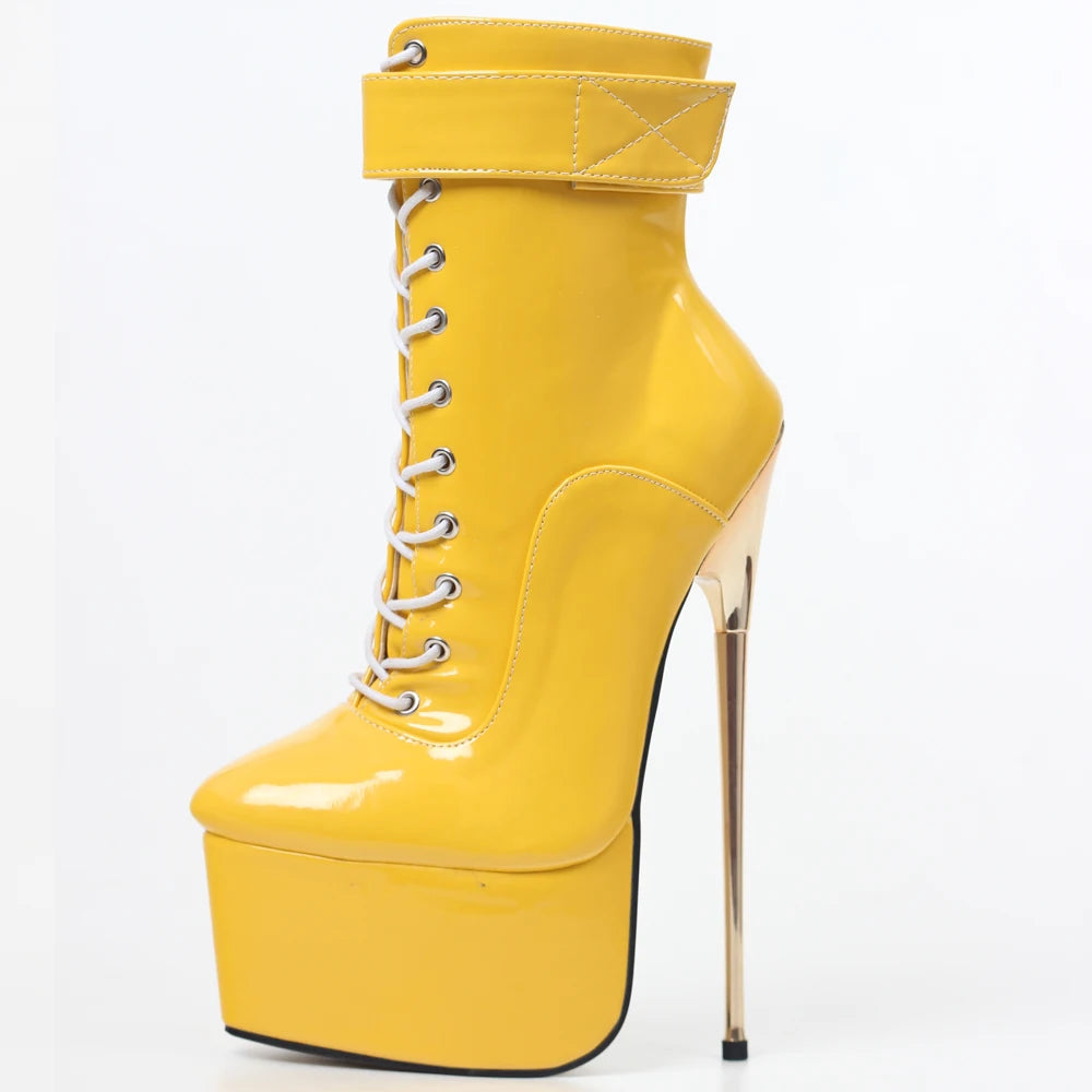 New Sexy Women Ankle Boots 22CM Super High Heel Platform Cross-tied Zipper Leather Booties Shoes