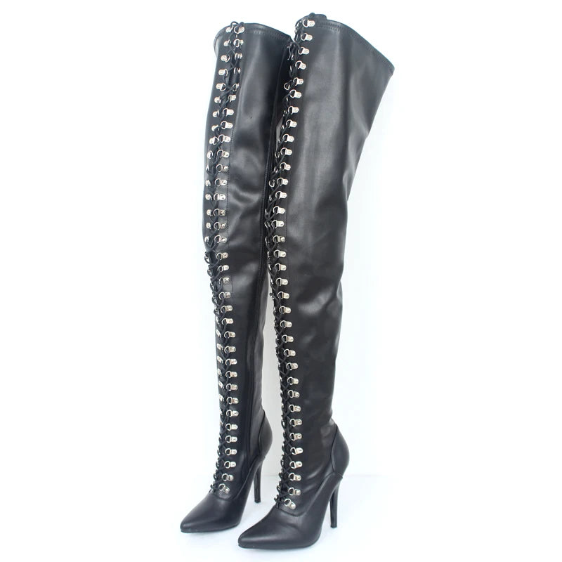 New Over-the-Knee Boots 12CM High Heel Cross-tied Lace up Zip Crotch Thigh Long Boots
