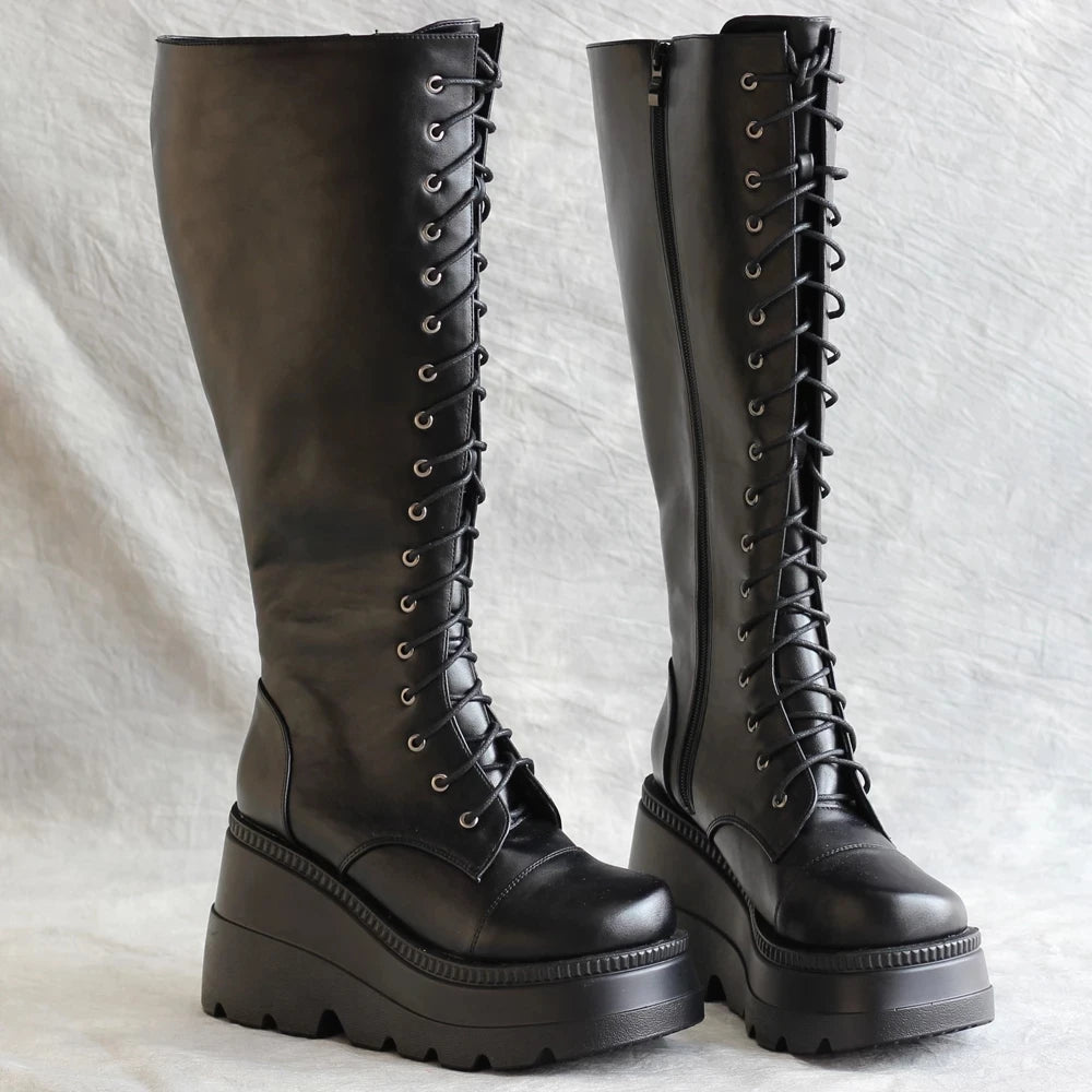 New Punk Style 11CM High Wedge Heel Platform Knee-High Martin Boots