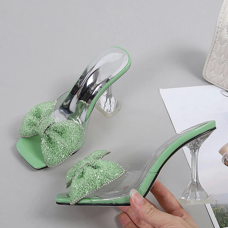 Summer Party Slippers Fashion Green Rhinestone Bow Heels Sandals Women