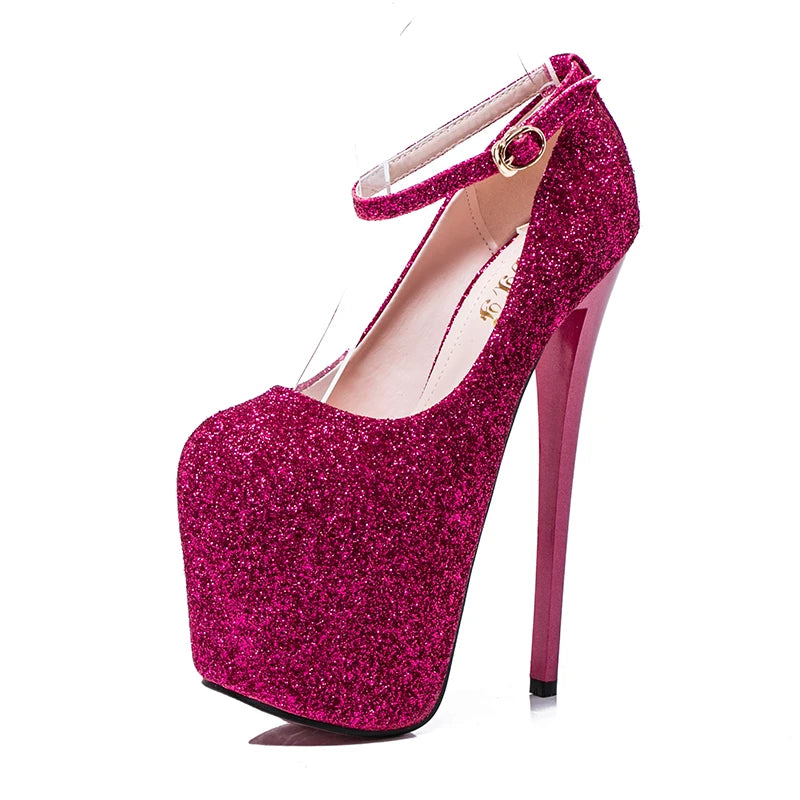 Bling sequins Stiletto 19cm thin High-Heeled platforms Buckle shoes woman wedding pumps