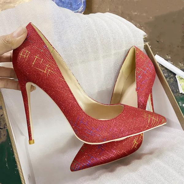 12cm Fashion sexy Red Sequin high heels women's needle pointed high heels