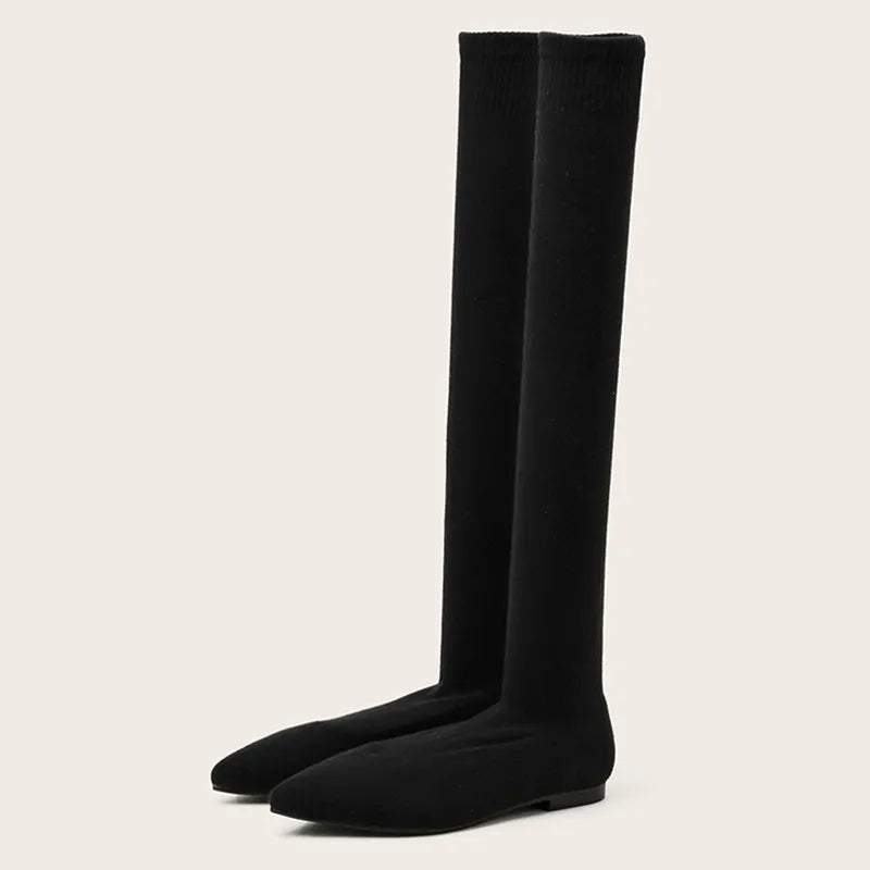 Fashion Slim Leg Thigh High Sock Boots Women Black Stretch Fabric Pointed Toe Flat Heels