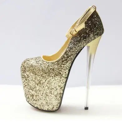 Bling sequins Stiletto 19cm thin High-Heeled platforms Buckle shoes woman wedding pumps