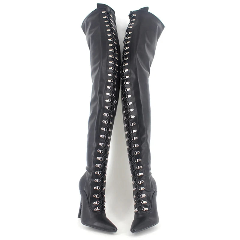 New Over-the-Knee Boots 12CM High Heel Cross-tied Lace up Zip Crotch Thigh Long Boots