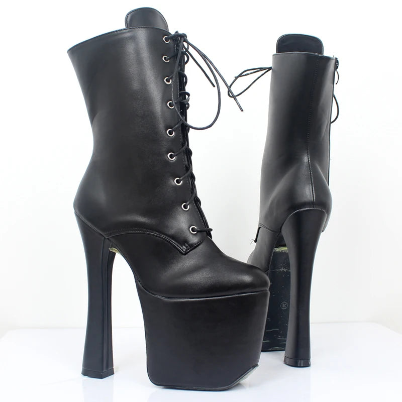 Ankle Boots 20CM Super High Heel Platform Chunky Thick Heels Cross-tied Round toe Boots