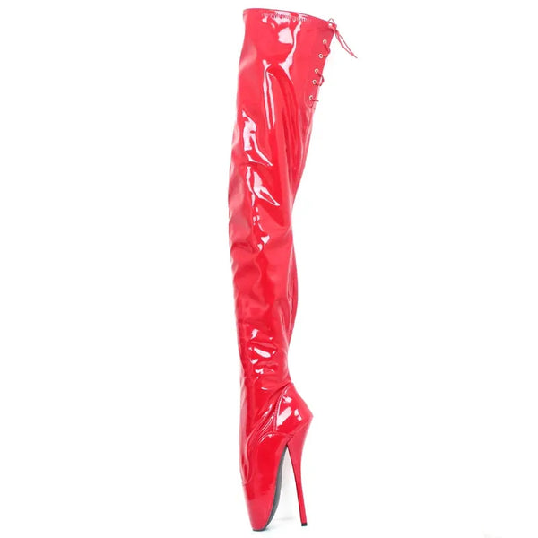 Sexy Over The Knee Ballet Boots 18CM Super High Heel PU Leather Zip Back Laces Thigh Long Boots