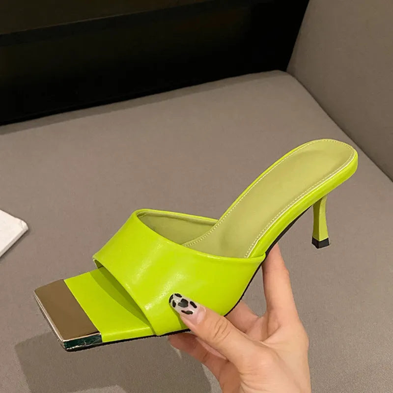 Low Thin High Heels Women Green Leather Slippers