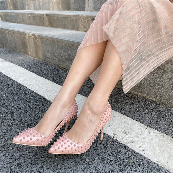 Sexy Full Spikes Women Nude Patent Pointy Toe High Heels