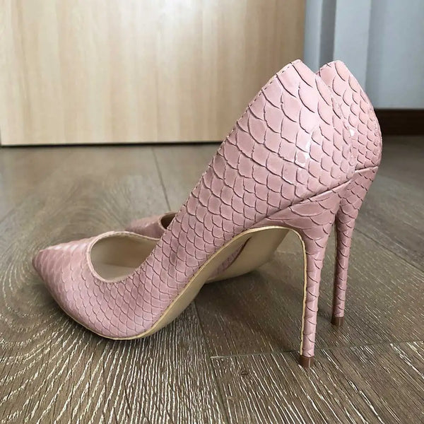 Sexy Women Nude Crocodile Effect Pointy Toe High Heel Shoes