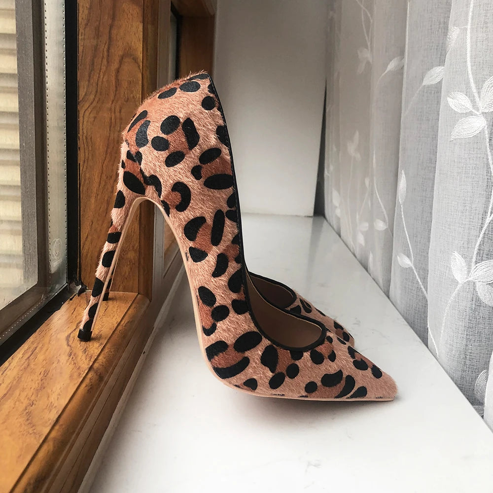 Women Leopard Haircalf Pointy Toe High Heel Party Shoes