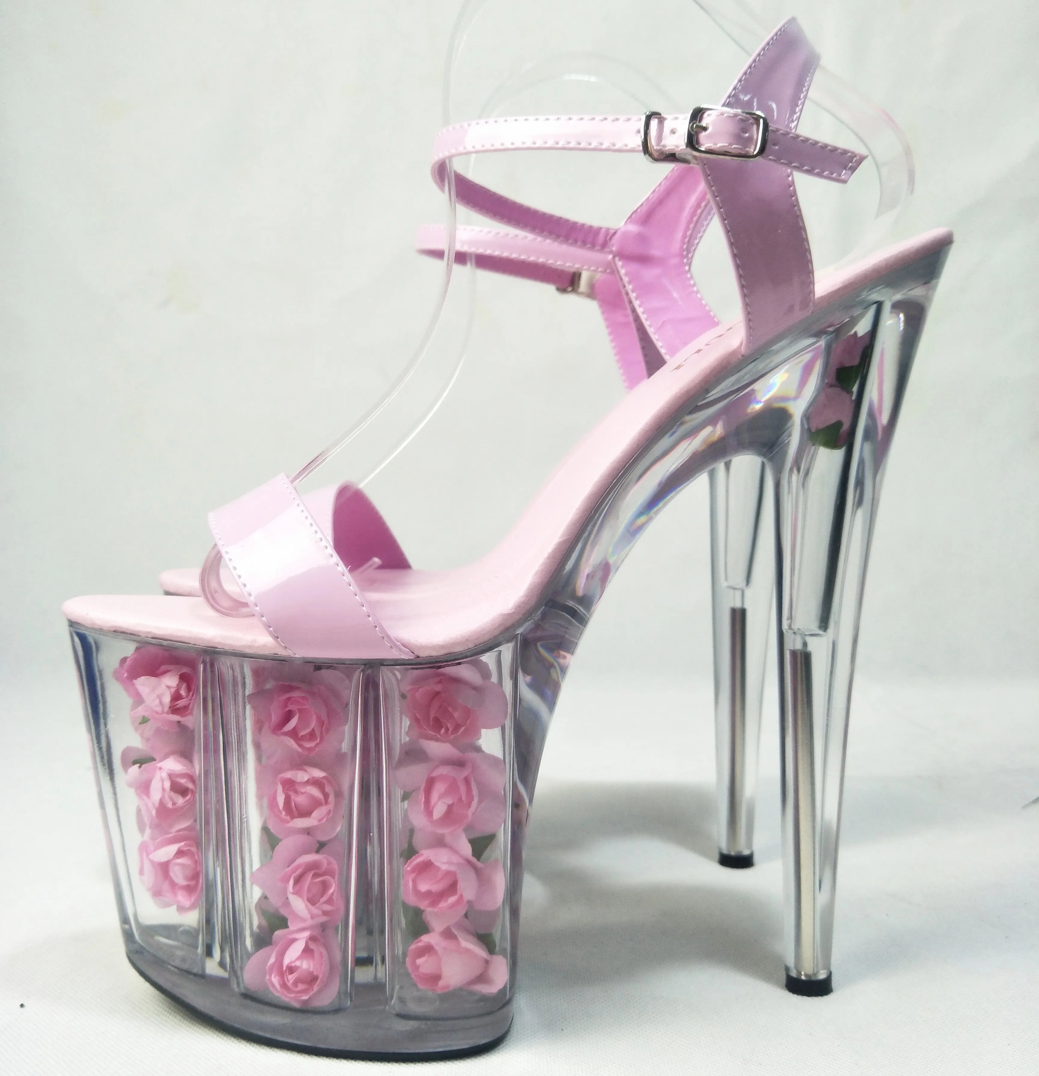 Noble  pink rose decoration platform transparent sandals