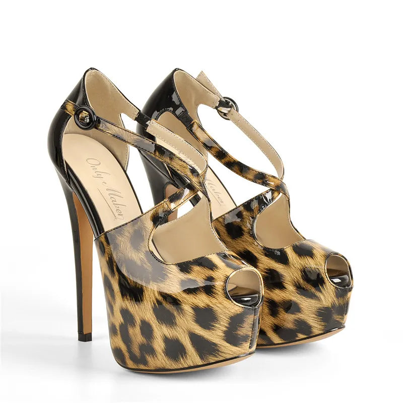 Women Peep Toe Platform Leopard Print Extremely Thin High Heel Pumps