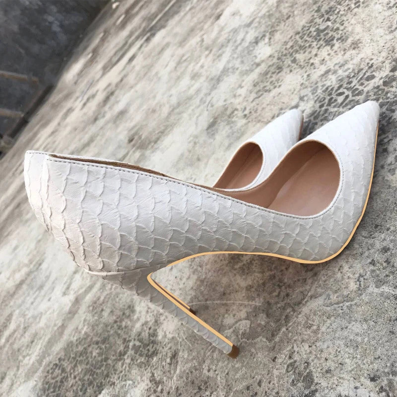 White Crocodile-Effect Women Sexy Pattern Stiletto High Heels