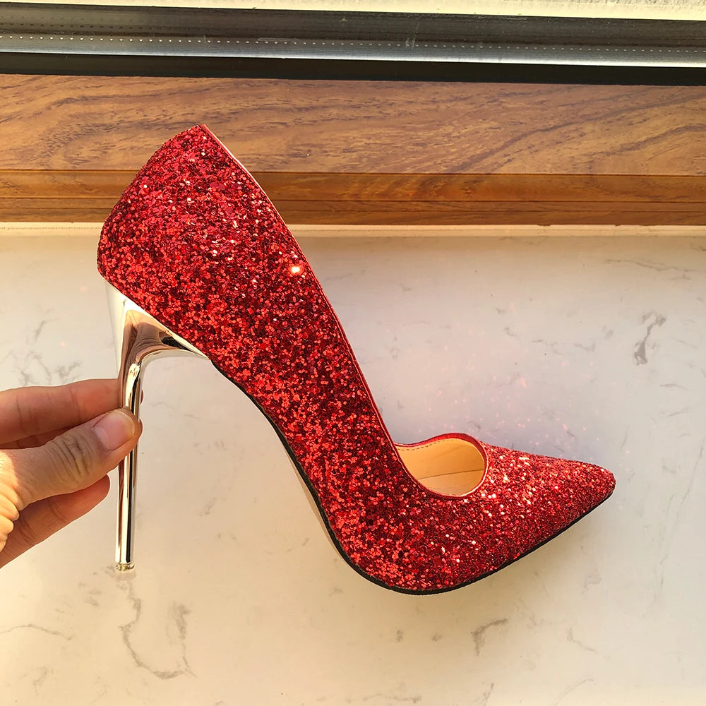 Glitter Red Sequins Women 11cm High Heel Wedding Bridal Shoes