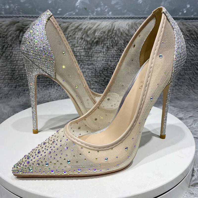 12cm Women's Mesh Rhinestone Sequined Stiletto Heels Shoes