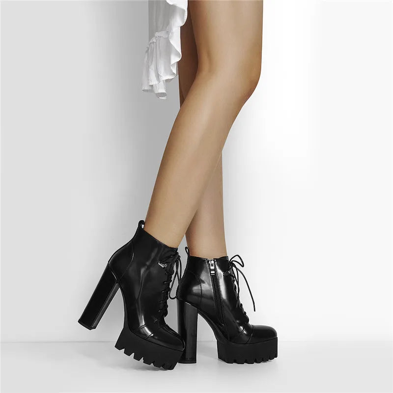 Platform Lace Up Round Toe Black  Patent Leather Chunky  High Heels Ankle Booties