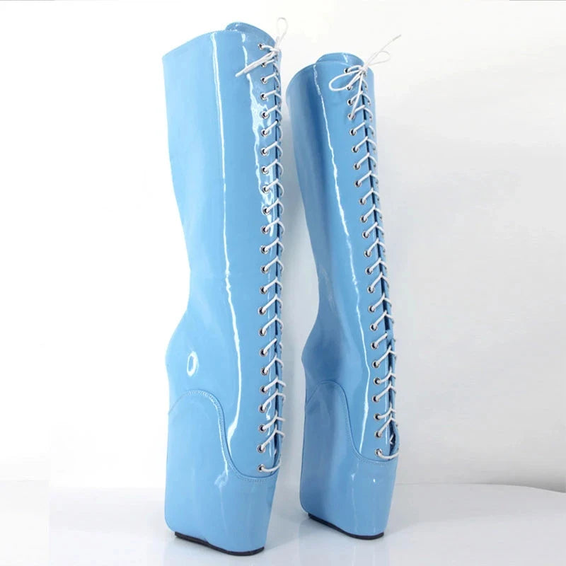 18CM Super High Wedge Heel Hoof Heels Lace-up PU Leather Sexy Knee-High Ballet Boots