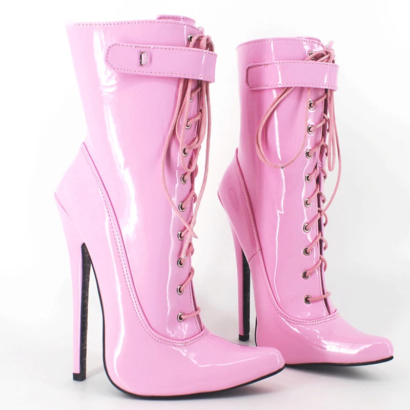 Lockable Ankle Boots 18CM Super High Heel Pointed toe Cross-tied Thin Heels Women  Boots With Locks