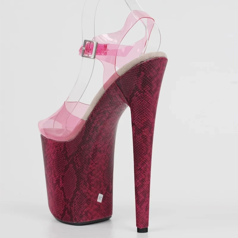 20CM High Heel Sandals Women Snake Print Platform Clear PVC  Dancing Shoes