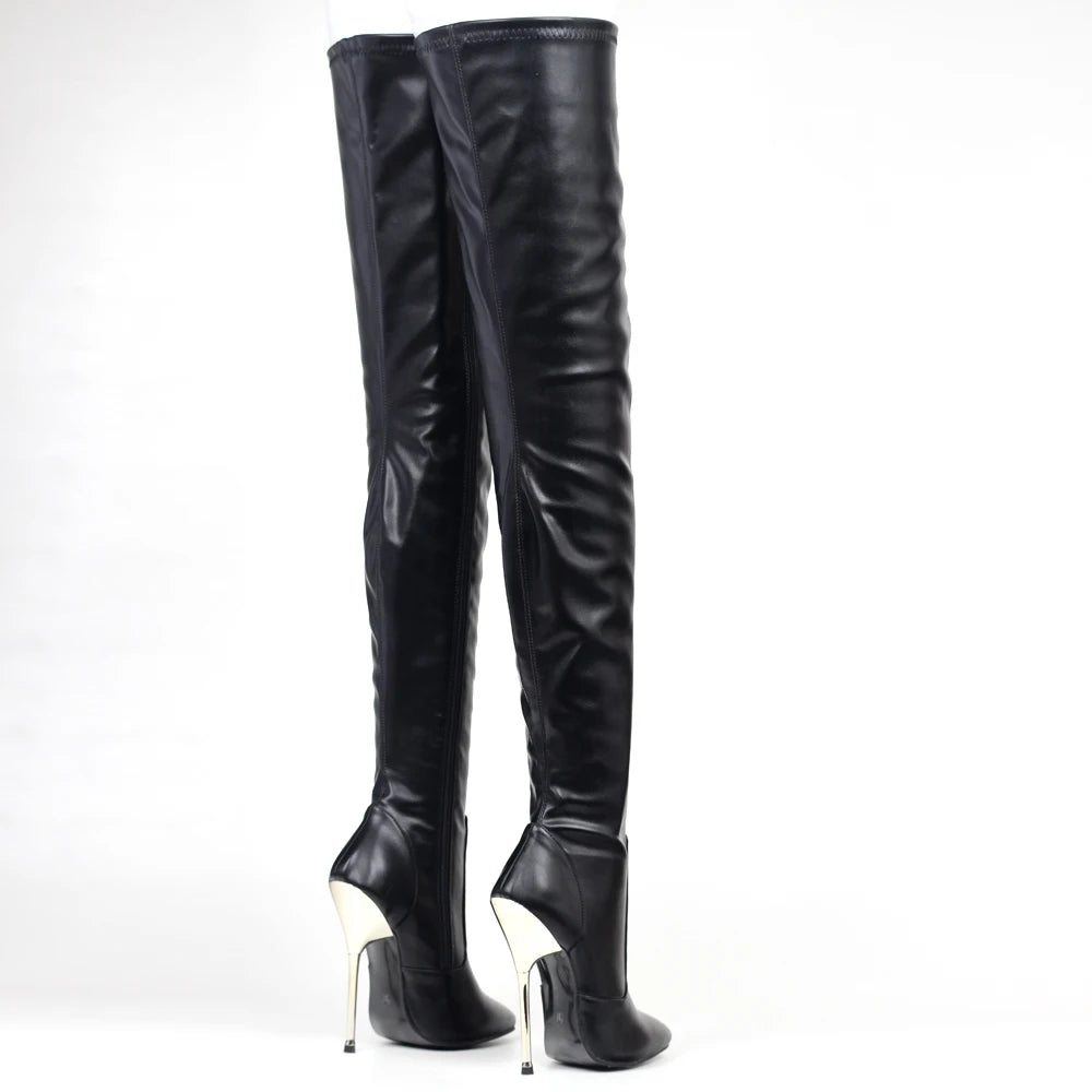 14CM Super High Heel Pointed toe Zip Black Patent Leather Sexy Over-the-Knee Crotch Long Boots