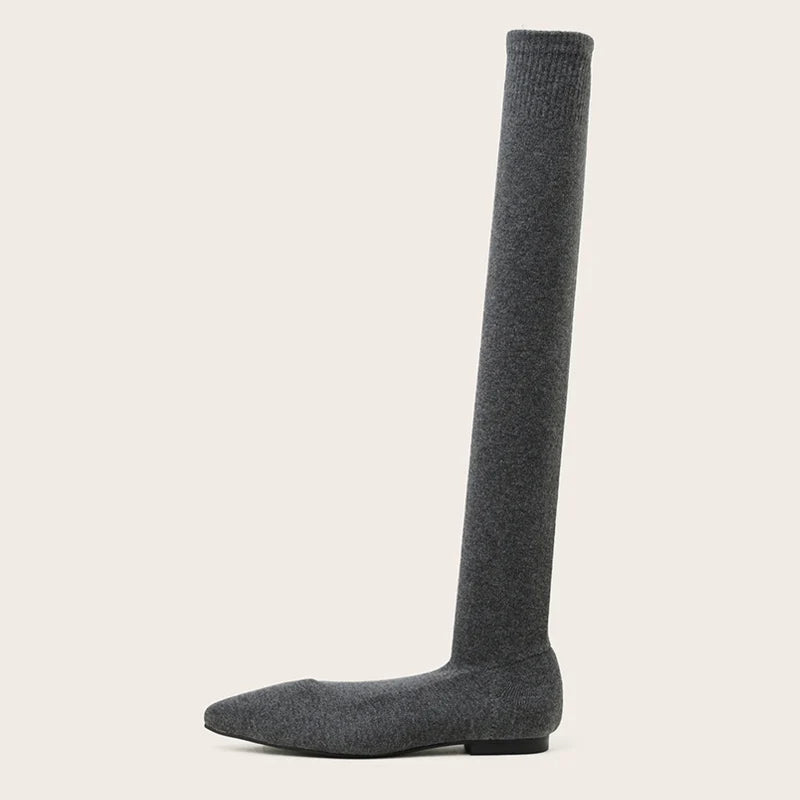 Fashion Slim Leg Thigh High Sock Boots Women Black Stretch Fabric Pointed Toe Flat Heels