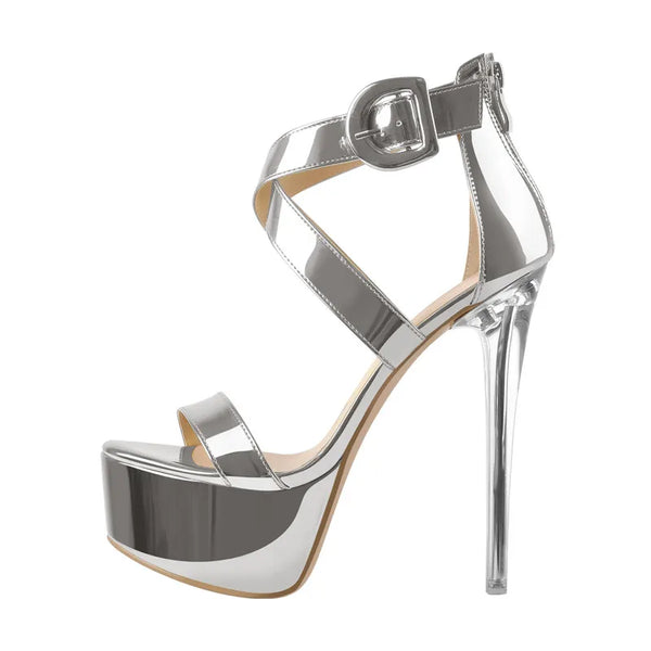 Women's Peep Toe Platfrom Silver Gold Cross-tied Thin High Heel