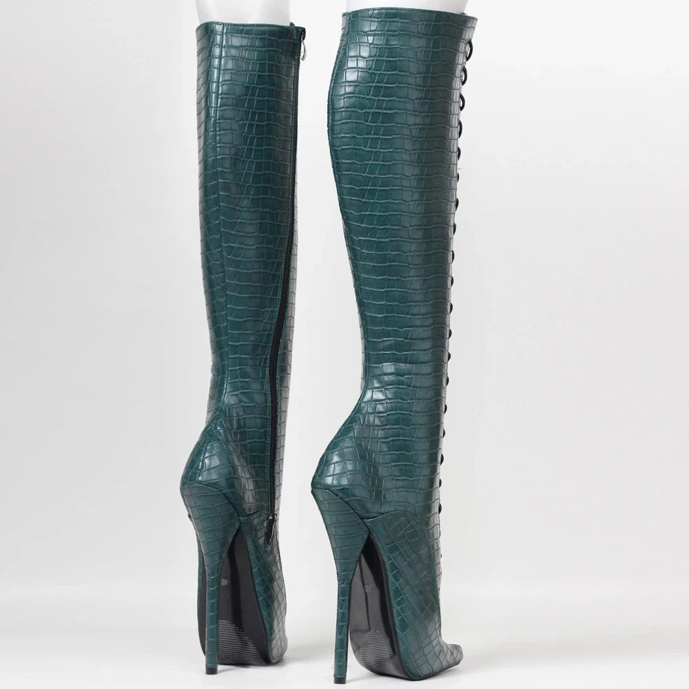 Sexy Ballet Boots 7" High Heel Stiletto  Pointed toe Lace-up Crocodile Pattern Knee-High Boots