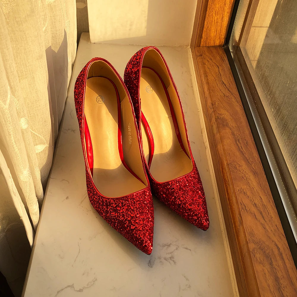 Glitter Red Sequins Women 11cm High Heel Wedding Bridal Shoes