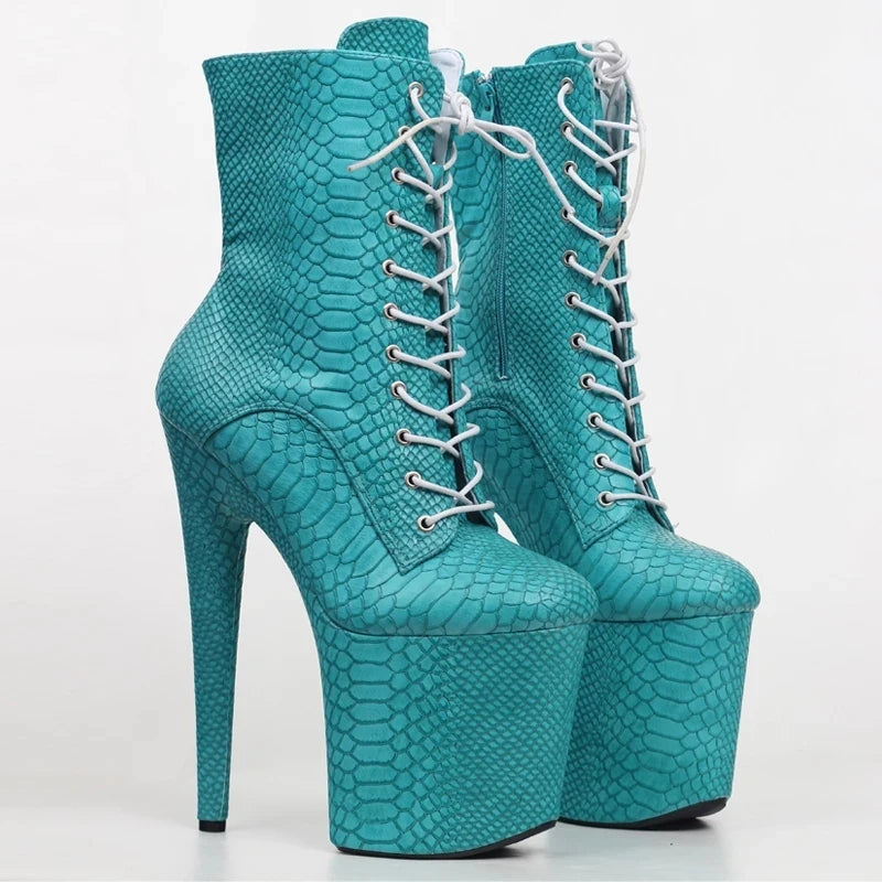 20CM Ultra High Heel Ankle Boots Sexy Snake Print Serpentine Female Stiletto Party Boots