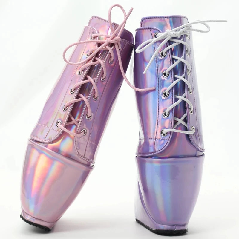 Sexy Women Ankle Boots 18cm Super High Heel Holographic Color Lace-up Ballet Boots