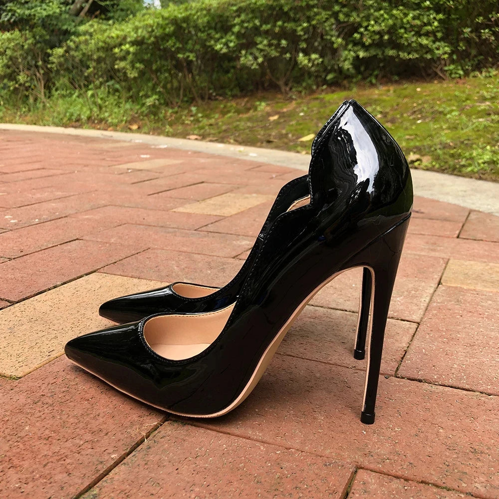 Curl Cut Women Solid Black Patent Pointy Toe High Heel Shoes