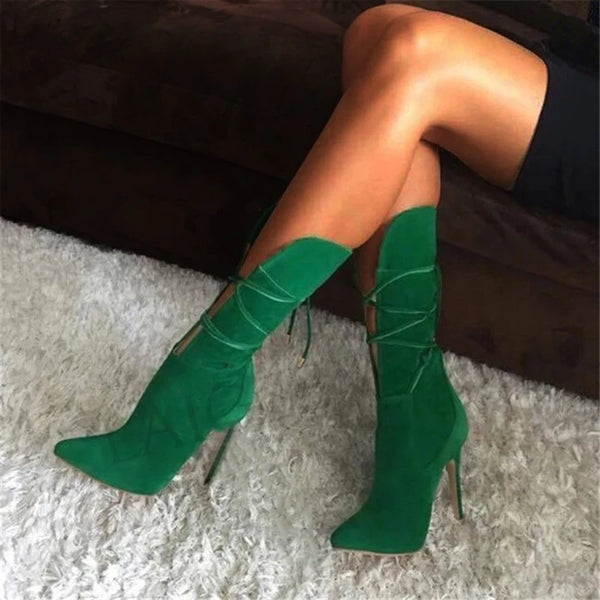 Super Women Mid Calf Heels Boots Faux Suede Pointed Toe Stiletto Shoes Woman