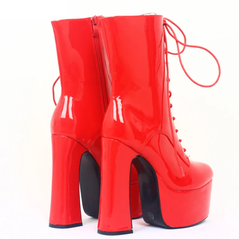 Women Sexy Ankle Boots 15CM Extreme High Chunky Heel Platform Round toe Lace up Ladies  Boots
