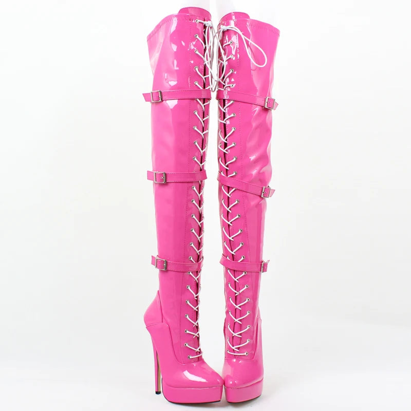 Sexy Over The Knee Boots 18CM Super High Heel Platform Cross-tied Buckle Straps Rivets Boots