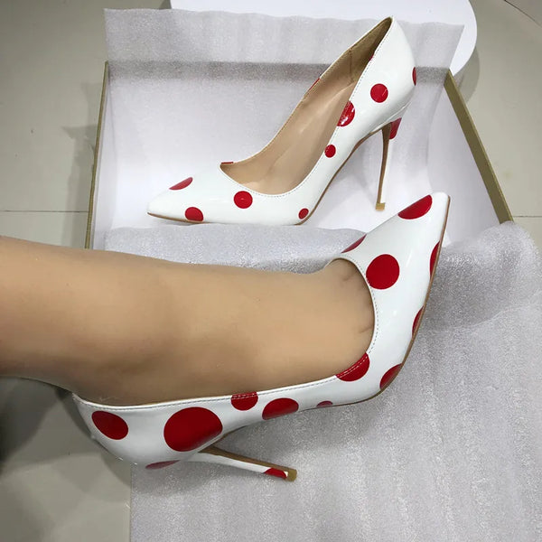 Red and white pointed toe party heels for women