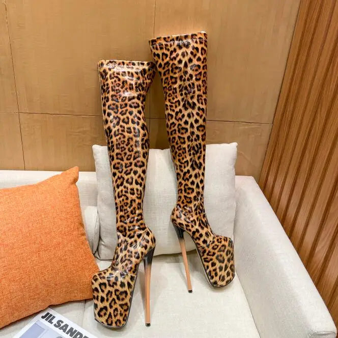 Leopard print Motorcycle botas mujer over-the-knee long Boots